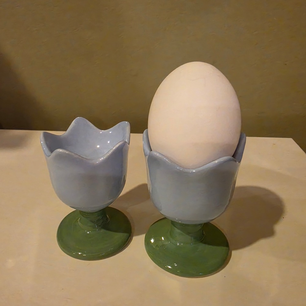 Ceramic Tulip Egg Cups Set of 2 Blue and Green Flower Design Egg Coddler